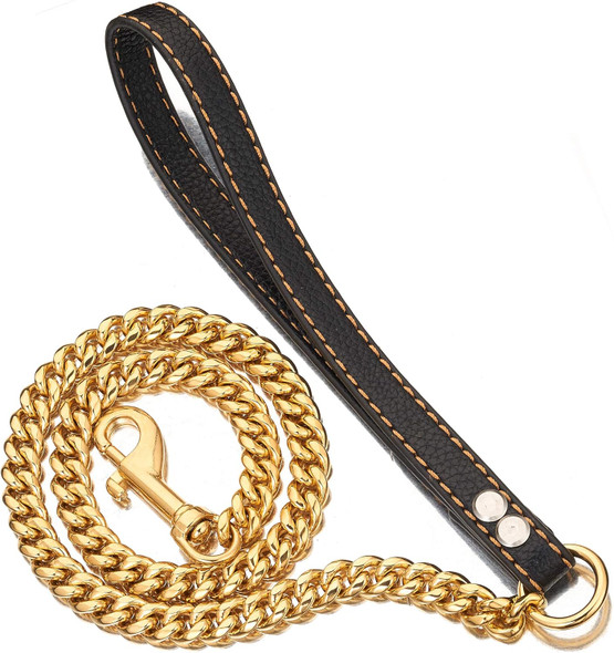 Chain Dog Leash Metal Chew Proof 12Mm Pet Leash Chain With Leather Padded Handle For Large Medium Small Dogs(Total Length Of 3Ft)