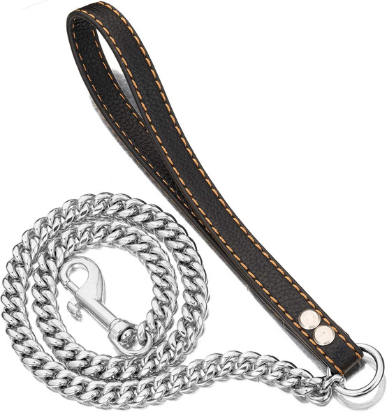 Chain Dog Leash Metal Chew Proof 12Mm Heavy Duty Pet Leash Chain With Leather Padded Handle For Large Medium Small Dogs(Totally Length Of 3Ft)