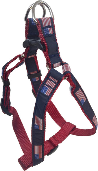 Preston American Flag Dog Step In Harness - American Flag On Navy Blue Ribbon With Red Nylon Webbing (Small)