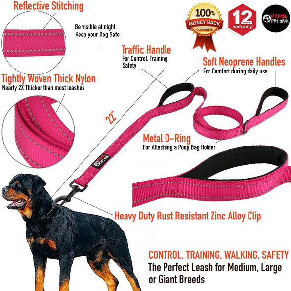 Dog Leash 6Ft Long,Traffic Padded Two Handle,Heavy Duty,Reflective Double Handles Lead For Control Safety Training,Leashes For Large Dogs Or Medium Dogs,Dual Handles Leads(Pink)