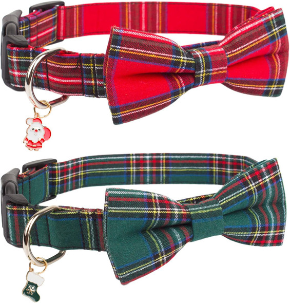 Christmas Dog Collar With Bow, Adjustable Christmas Plaid Dog Collars With Removable Bowtie Christmas Collars For Large Dogs Pets (Red&Green, Large)
