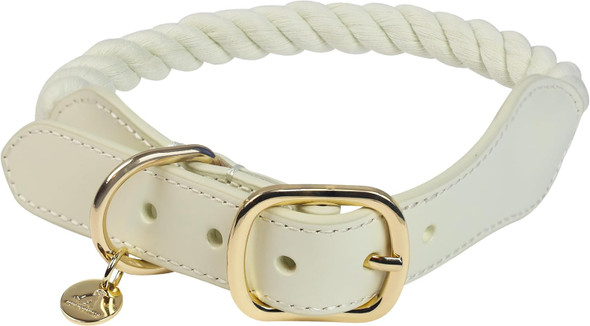 Dog Rope Collar - Braided Cotton Rope Dog Collars, Adjustable Collar For Different Sizes, Genuine Leather Collar With Metal Buckle, Premium Quality Collars For Medium Dog (Creamy White)