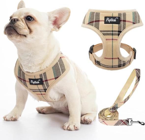 Pupteck Soft Mesh Dog Harness And Leash Set Pet Puppy Cat Comfort Padded Vest No Pull Harnesses, Beige, S