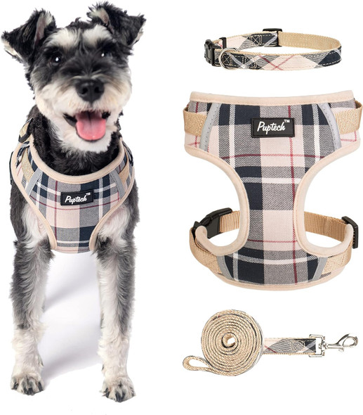 Pupteck Dog Harness And Leash Collar Set For Small Medium Dogs Puppy And Cats Walking No Pull Adjustable Reflective Soft Mesh Padded Plaid Harnesses Pet Accessories, Beige, S