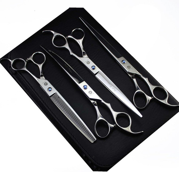 Purple Dragon 8.0 Inch Professional Pet Grooming Scissors,Dog Straight Shear, Thinning/Blending Scissor & 2 Pcs Curved Shear With Bag (Silver)