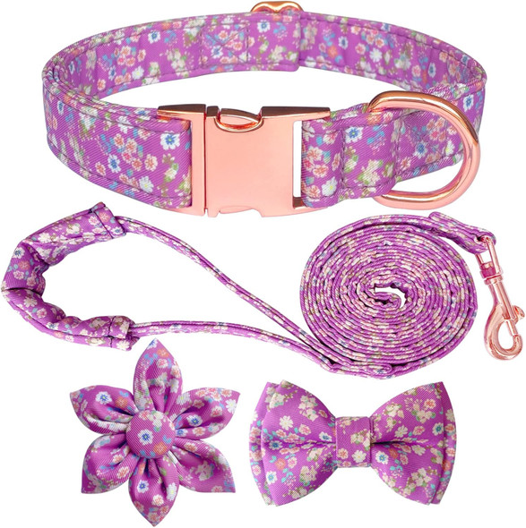 Girl Dog Collar And Leash Set With Flower Bow Tie, Floral Puppy Dog Collars With Adjustable Metal Buckle For Small Medium Large Female Dogs, Purple Flower Pattern, L