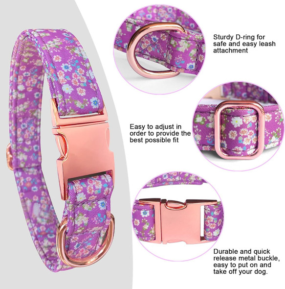 Girl Dog Collar And Leash Set With Flower Bow Tie, Floral Puppy Dog Collars With Adjustable Metal Buckle For Small Medium Large Female Dogs, Purple Flower Pattern, L