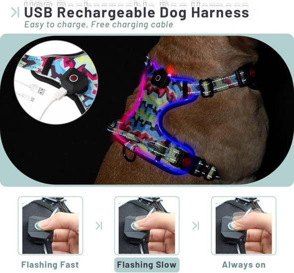 Led Light Up Dog Harness: Usb Rechargeable Glowing Waterproof Reflective No Pull Adjustable Oxford Vest With Easy Control Handle For Pet Outdoor Night Safety Walking (Colourful Splicing, Medium)