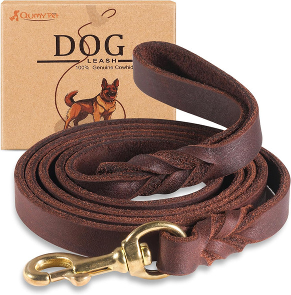 Qumy Leather Dog Leash 6Ft, Heavy Duty Dog Training Leash For Large And Medium Dogs, Soft And Strong Genuine Leather Braided Handmade Long Lead Leash For Dog Training, Brown