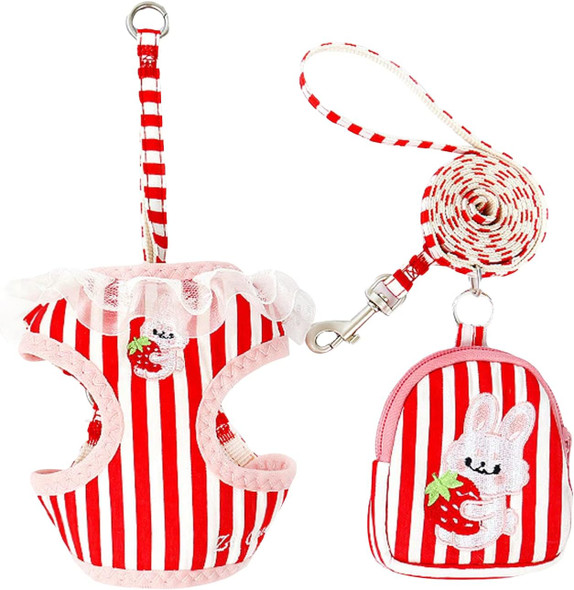 Qwinee Rabbit Decor Striped Cute Dog Harness And Leash Sets With Pet Bag For Small Medium Dog Puppy Kitten Kitty Cat Red M