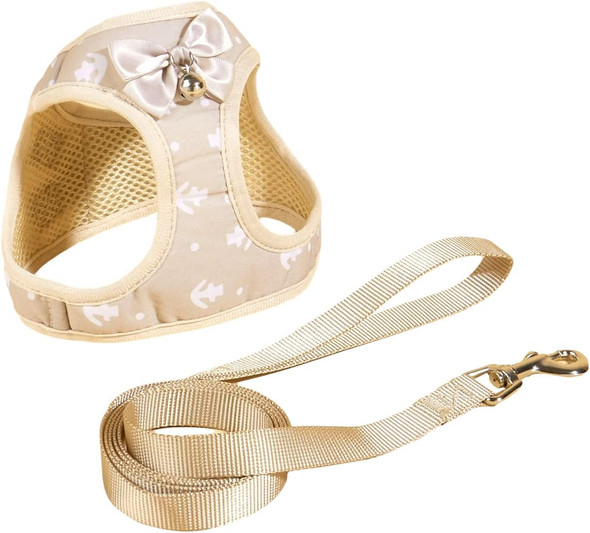 Qwinee Cute Dog Harness Dog Vest Harness With Leash Set Bell Bow Design Puppy Cat Harness Leash Set For Small Medium Dogs Beige L