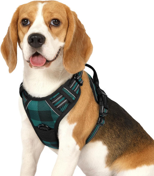 Rabbitgoo Dog Harness Medium Sized Dog No Pull, Comfortable Padded Plaid Dog Harness With Handle Easy Control, Adjustable Reflective Puppy Pet Harness Vest With 2 Leash Clips, Green Plaid, M
