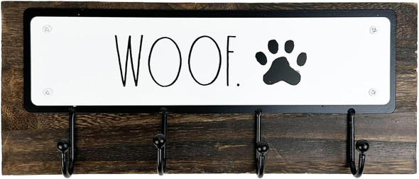 Rae Dunn Dog Leash Holder For Wall - Cute Dog Leash Hook Holder And Wall Mount Hanger Organizer For Pet Items, Keys, Collar And Leashes - Pet Themed Messages With Paw Print - Dark Wood
