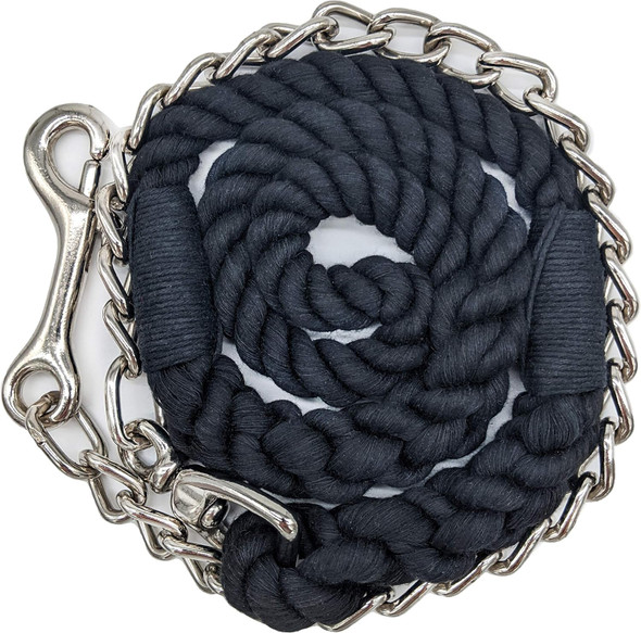 Ravenox Dog Leash With Chain (Black)(1/2-Inch X 6-Feet) Twisted Cotton Rope Dog Lead With Nickel Plated Chain And Bolt Snap Handmade In The Usa With 100% American Made Rope Pet Leash