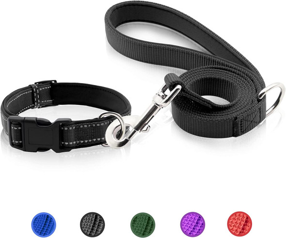 Nylon Dog Collar And Leash Set, Soft Handle With Padded, Adjustable Reflective Dog Collars With Quick Release Buckle For Small Dogs, Black, S(4Ft Leash+Neck 12-16)