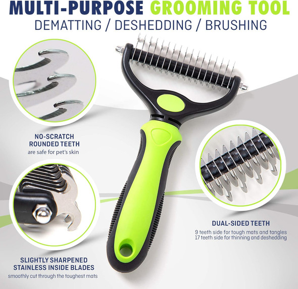 Pet Dematting Grooming Set- 2 Sided Undercoat Rake + Grooming Comb For Dogs And Pets- Safe And Easy Mats & Tangles Removing