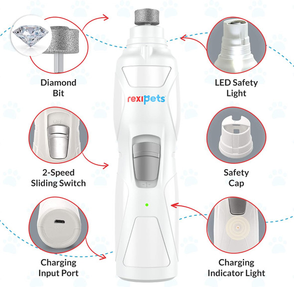 Cat And Dog Nail Grinder - Rechargeable Electric Pet Nail Clipper & Trimmer- Painless Paws Grooming - Quiet 2-Speed Motor. 3 Size Ports For Small, Medium, Large Pets- Up To 4 Hours Of Charge