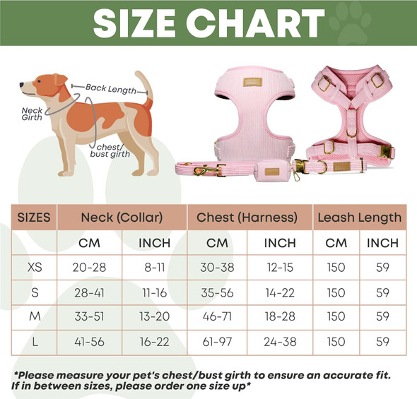Luxury Dog Banks Harness Set In Light Pink - Light Pink Corduroy Padded Harness, Collar, Leash And Poop Holder Set Fits Small, Medium And Large Sized Dogs Poop Bag (Xs)
