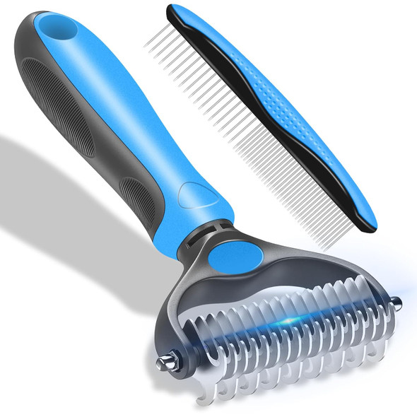 Dog Grooming Brush And Metal Comb, Undercoat Rake For Dogs Grooming Supplies Dematting Deshedding Brush Comb For Shedding (Blue)