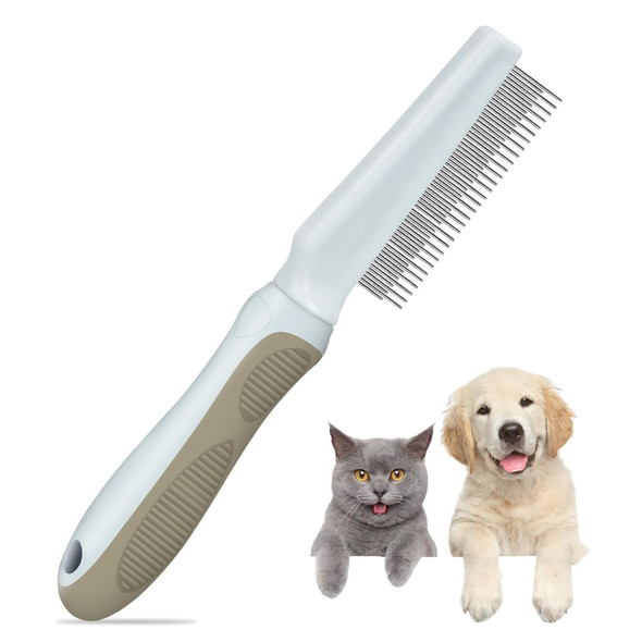 Ropo Pet Grooming Comb For Dogs And Cats, Flea Comb, Long Handled Pet Comb 2 In 1 Long And Short Stainless Steel Metal Teeth For Tangle And Knot Removal - Detangling Brush