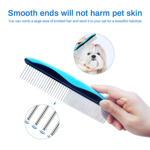 Ropo Dog Comb Pet Grooming Comb Cat Comb For Removing Matted Fur Proper Care Prevents Knots And Mats In Long And Short-Haired Pets Non-Slip Comfort Grip Handles (Plastic Rubber Handle, Blue)