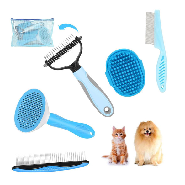 5-In-1 Dog Brush Grooming Kit - Dog Grooming Supplies Dog Dematting Rake For Shorted Haried Dogs, Bath Brush For Long Hair Dogs And Dematting Comb (Set Of 5, Blue)