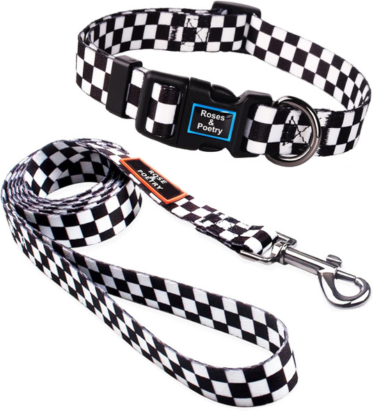 Roses&Poetry Dog Collar And Leash For Medium Large,Adjustable Durable 5Ft Puppy Leash Collar For Dog Training Lead(Black & White-M) Roses&Poetry Dog Collar And Leash For Medium Large,Adjustable Durable 5Ft Puppy Leash Collar For Dog Training Lead(Black & White-M)