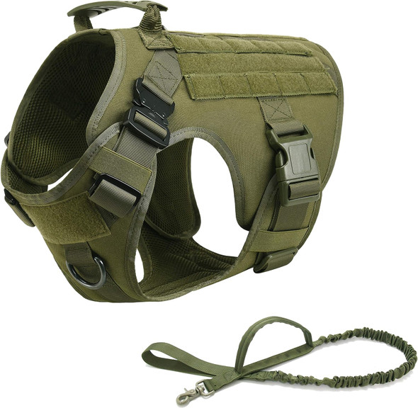 Tactical Dog Harness Vest With Handle Military Working Training Molle Vest With Metal Buckles & Loop Panels Bungee Dog Leash (L, Green Harness With Leash)