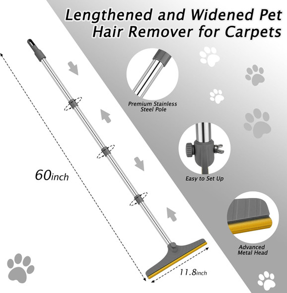 Carpet Rake For Pet Hair Removal, Reusable Dog Hair Remover With 46”Adjustable Long Handle, 2 In 1 Advanced Dog Hair Broom Cat Fur Brush, Carpet Scraper Remover Tool(Grey)