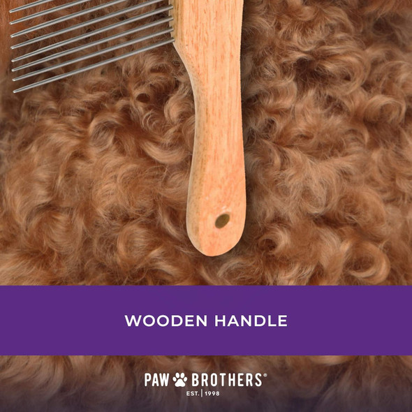 Paw Brothers Poodle Comb Brush For Dogs, Professional Grade, Wooden Ergonomic Handle, Stainless Steel Teeth, Dematting Comb For Dogs, Extra Long Teeth
