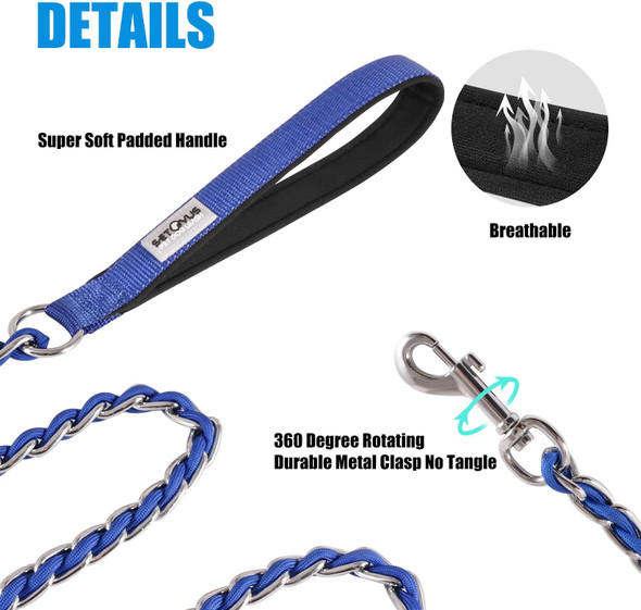 Chew Proof Metal Leash Chain Dog Leash For Medium Large Dogs, Chain Link Dog Leash Anti Chew 5.2Ft Strong Anti Bite Dog Leash Comfortable Soft Padded Handle Blue