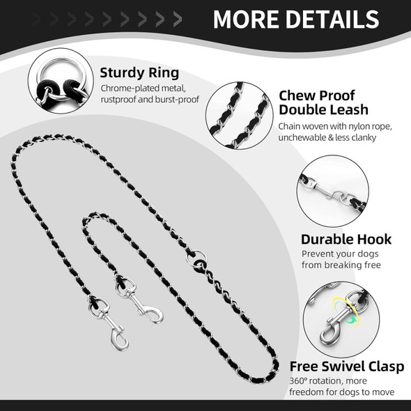 Double Dog Leash, Two Dog Leash, Chew Proof Metal Chain Double Clip Dog Leash，360° Swivel Tangle Leash Splitter Dual Leash Coupler For Small Dogs Walking Black