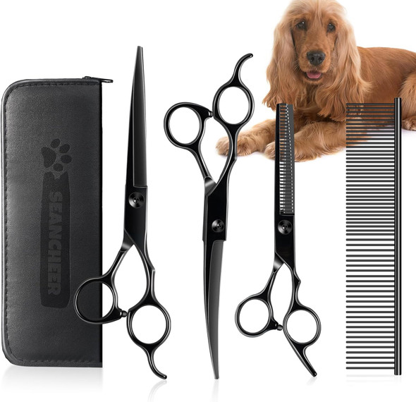 5 In 1 Dog Grooming Scissors Kit, 7 Long Professional 4Cr Pet Grooming Kit Heavy Duty Stainless Sharp And Durable Dog Clippers For Grooming Shears Suitable For Cats, Dogs & Other Pets