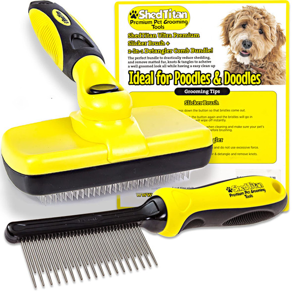 Slicker Dog Brush For Goldendoodles, Poodles & Dematting Pet Comb Value Kit - Easy Self Cleaning Slicker Brush For Grooming Dogs, Golden Doodle, Poodle, Cats - Detangle Comb Removes Matts