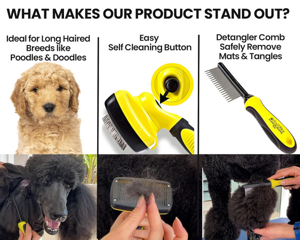 Slicker Dog Brush For Goldendoodles, Poodles & Dematting Pet Comb Value Kit - Easy Self Cleaning Slicker Brush For Grooming Dogs, Golden Doodle, Poodle, Cats - Detangle Comb Removes Matts