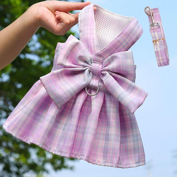 Dog Harness And Leash Set, Cute Bow Tie Plaid Harnesses For Puppy Cat, Adjustable Pet Kitties Vest, Breathable Harness Traction Rope For Boy Girl Small Animal(Skirt Light Pink,2Xl For 15.4-22Lbs Dog)