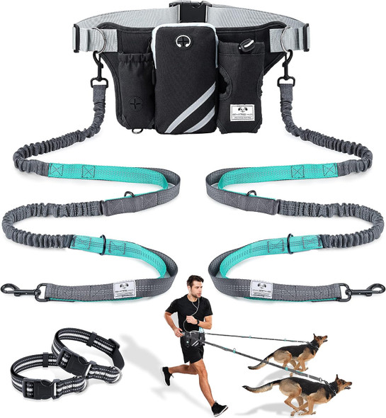 Shine Hai Retractable Hands Dog Leash With Dual Bungees For 2 Dogs, Adjustable Waist Belt Fanny Pack, Reflective Stitching Leash For Running Walking Hiking Jogging Biking Black