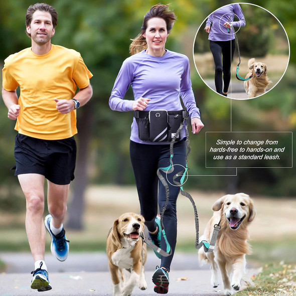 Shine Hai Retractable Hands Dog Leash With Dual Bungees For 2 Dogs, Adjustable Waist Belt Fanny Pack, Reflective Stitching Leash For Running Walking Hiking Jogging Biking Black