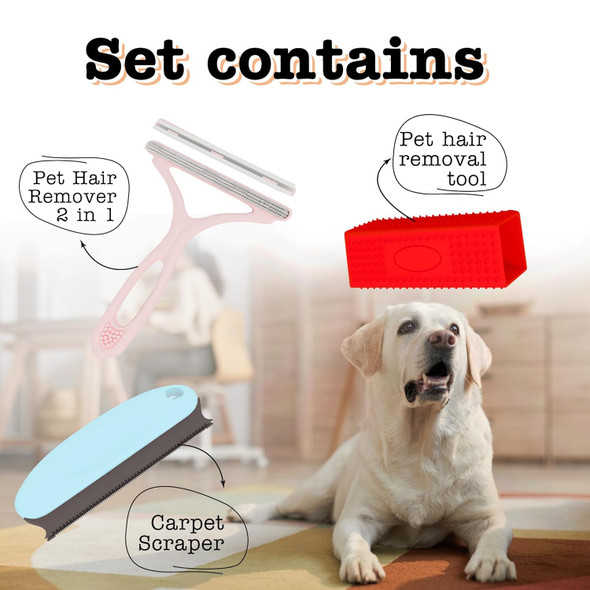 Pet Hair Remover Set - Carpet Rake For Pet Hair Removal Tool - Dog Hair Broom Pet Hair Roller Carpet Scraper - Animal Fur Dog Hair Remover For Couch Pet Dander Remover Pet Hair Remover For Furniture