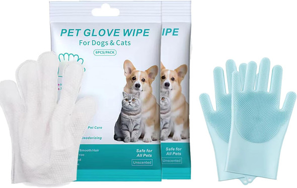 Pet Grooming Glove Wipes Combination,Pet Bathing Wipes For Dogs & Cats, Cleaning & Deodorizing Grooming Gloves, Nourish Fur Glove Wipes For Daily Care And Traveling, Rinse .12Pcs