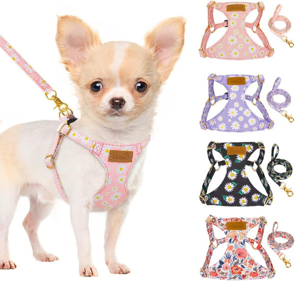 Slowton No Pull Dog Harness With Leash - Soft Lightweight Floral Pattern Puppy Harness, Adjustable Pet Harness For Small Medium Dogs (Pink Daisy Xxs)