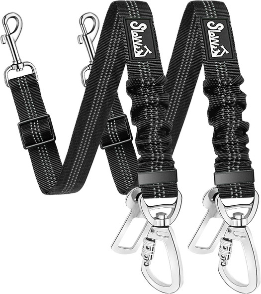 Slowton Dog Seatbelt, 2 Pack Dog Seat Belt Car Leash Adjustable Elastic Bungee Buffer Heavy Duty Nylon Reflective Pet Safety Tether Connect To Dog Harness For Travel Riding In Vehicle (Daul Clip, B)