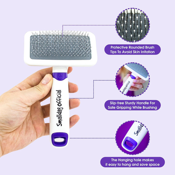 Dog Hair Brush - Gentle Slicker Brush For Small Dogs & Toy Breeds With Long Or Short Hair - Soft Dog Brush, Angled Bristles & Round Tips For Sensitive Skin - Grooming Tools For Dogs