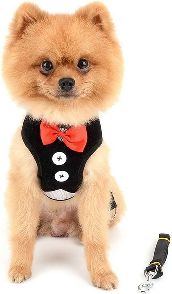 Smalllee_Lucky_Store Bowtie Small Dog Tuxedo Harness For Puppy Boy, Adjustable Soft Mesh Cat Harness Vest Leash Set Black L