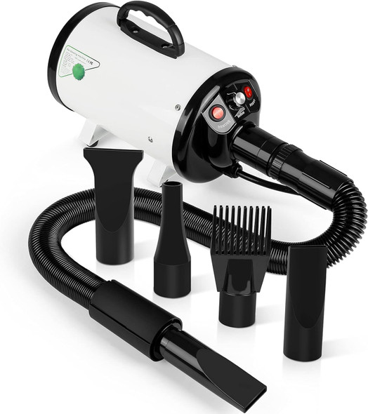 Dog Hair Dryer - 3.8Hp 2800W Stepless Speed Pet Dryer Blaster With Heat, Home-Used Professional Dog Air Force Grooming Blower For Large Big Dogs, Adjustable Strong Power, White