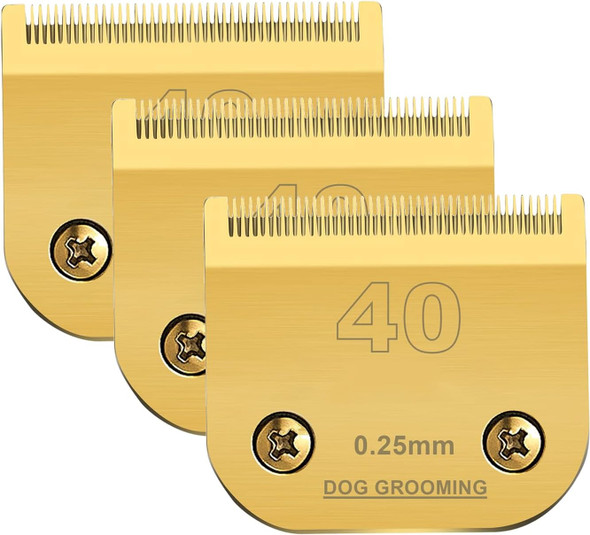 3Pc 40 Clipper Blade Dog Grooming Compatible With Andis Clippers Carbon Infused Steel Detachable Ceramic Sharp Compatible With Wahl Compatible With Oster Dog Clippers 1/100 0.25Mm Cut Length,(Gold)