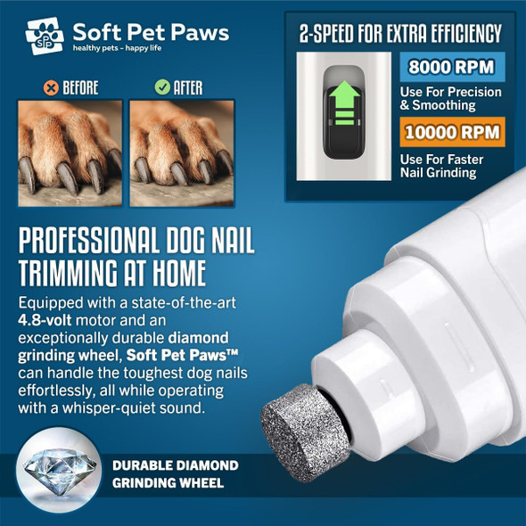 Dog Nail Grinder - Ultra Quiet Operation - d Dog Nail Trimmer With 2 Led Lights - 2-Speed Rechargeable Nail Grinder - For Small, Medium And Large Dogs - Extra Grinding Head
