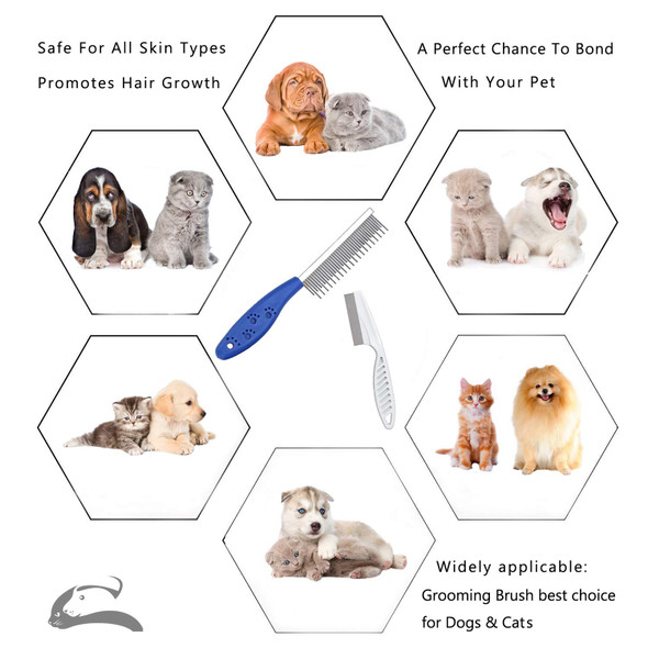 Pet Comb For Dogs & Cats,Small Dog & Cat Grooming Comb 2 Combs,Pet Long & Short Stainless Steel Teeth Shedding Comb For Removing Matted Fur, Knots & Tangles(Blue+White)