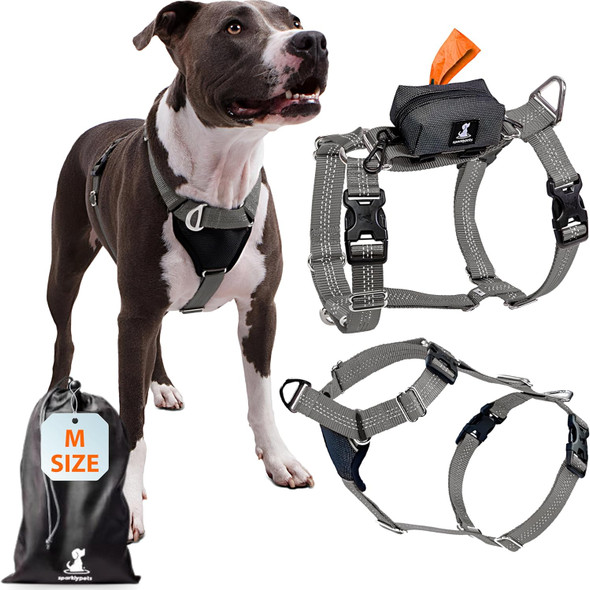 Sparklypets More dom No-Pull Front & Back Easy Clip Dog Walk Harness For Medium & Large Breeds With Poop Bag Holder – Dog Halter For All Body Types (Gray, Range 1)