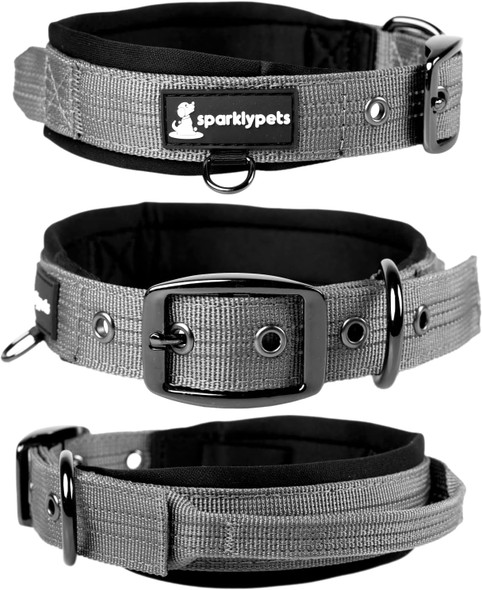Sparklypets Heavy Duty Dog Collar With Handle For Medium And Large Dogs – Professional Collar With Reflective Stitches, Soft Handle & Nickel-Plated Buckle (Large (1822), Gray)